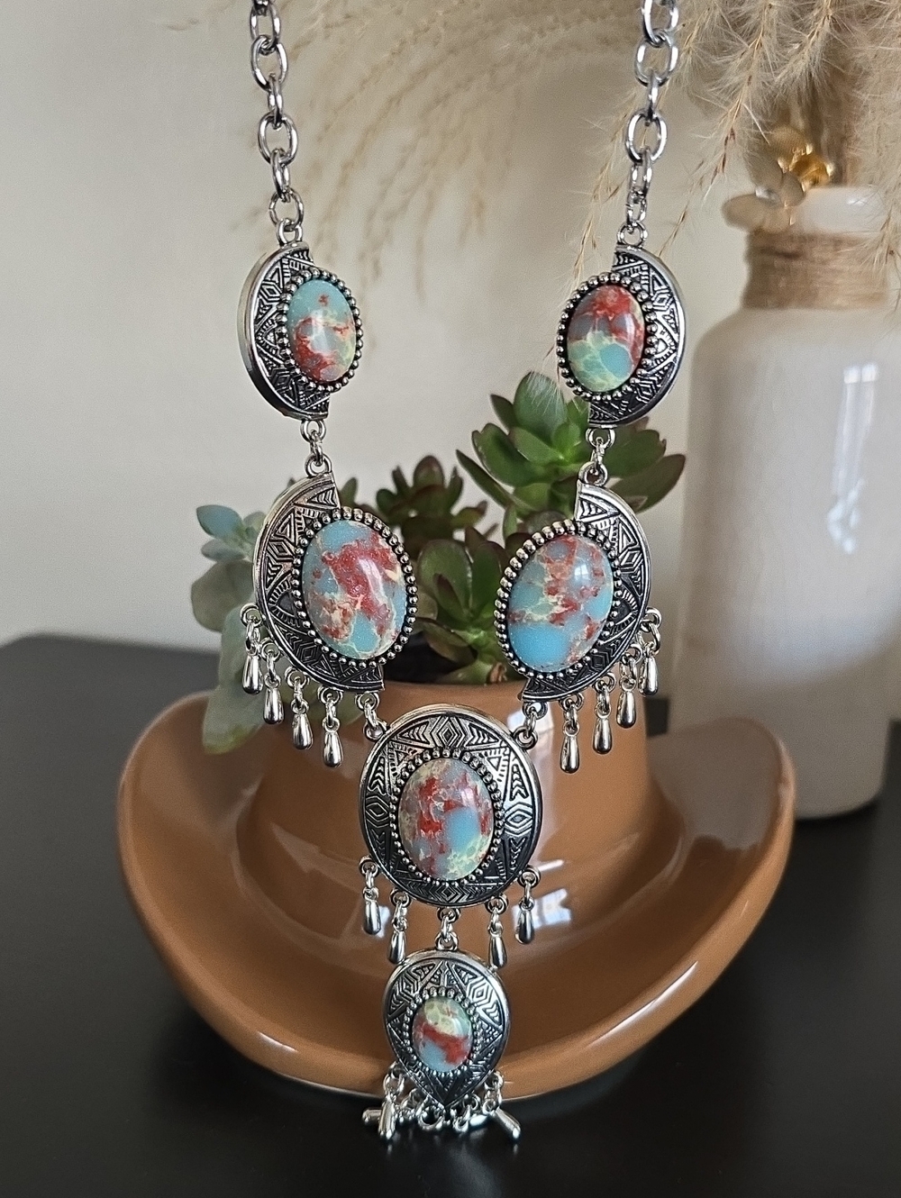 Western Bohemian Style Turquoise & Coral Pendant Necklace - Silver Tone